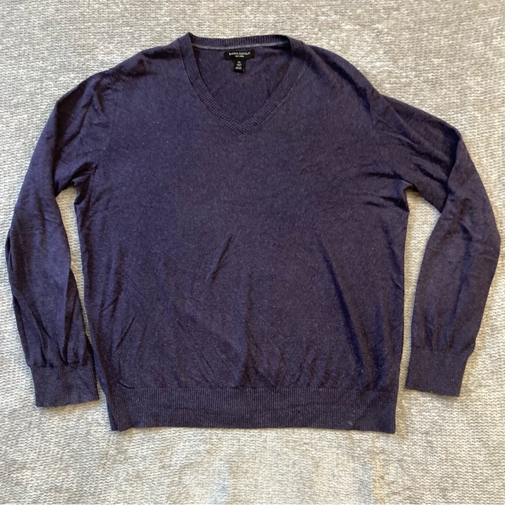 Banana Republic Silk Linen Blend Sweater XL V-Neck Navy Purple